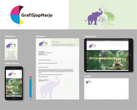 Logo van GrafiSjopMarjo met nieuw logo Life and You en voorbeelden van huisstijl briefpapier, visitekaartje, envelop, website telefoon en Ipad